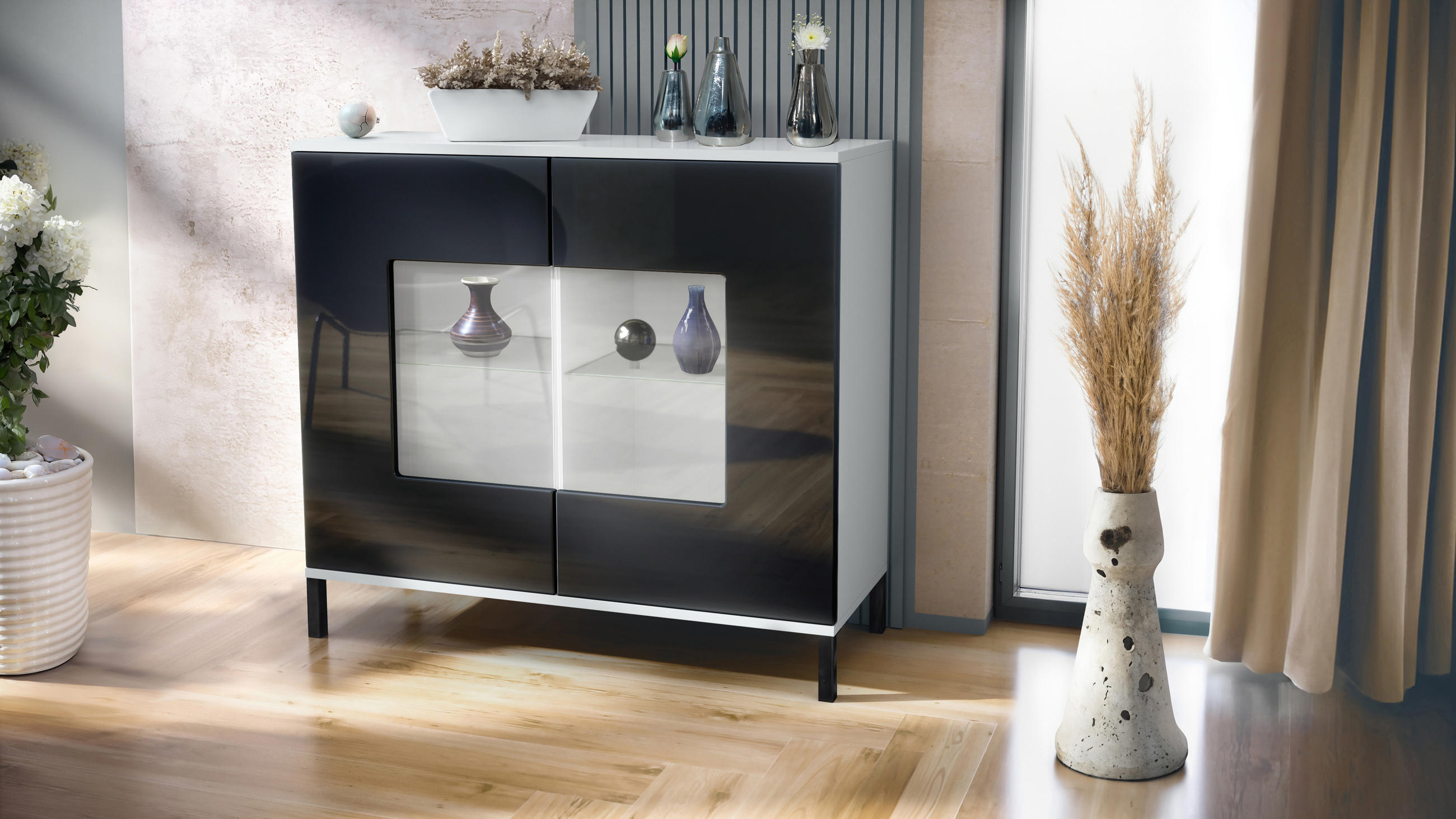 KOMMODE Grömitz Schwarz Hochglanz - Schwarz Hochglanz, Holzwerkstoff (92.5/83.5/35cm) - Vladon