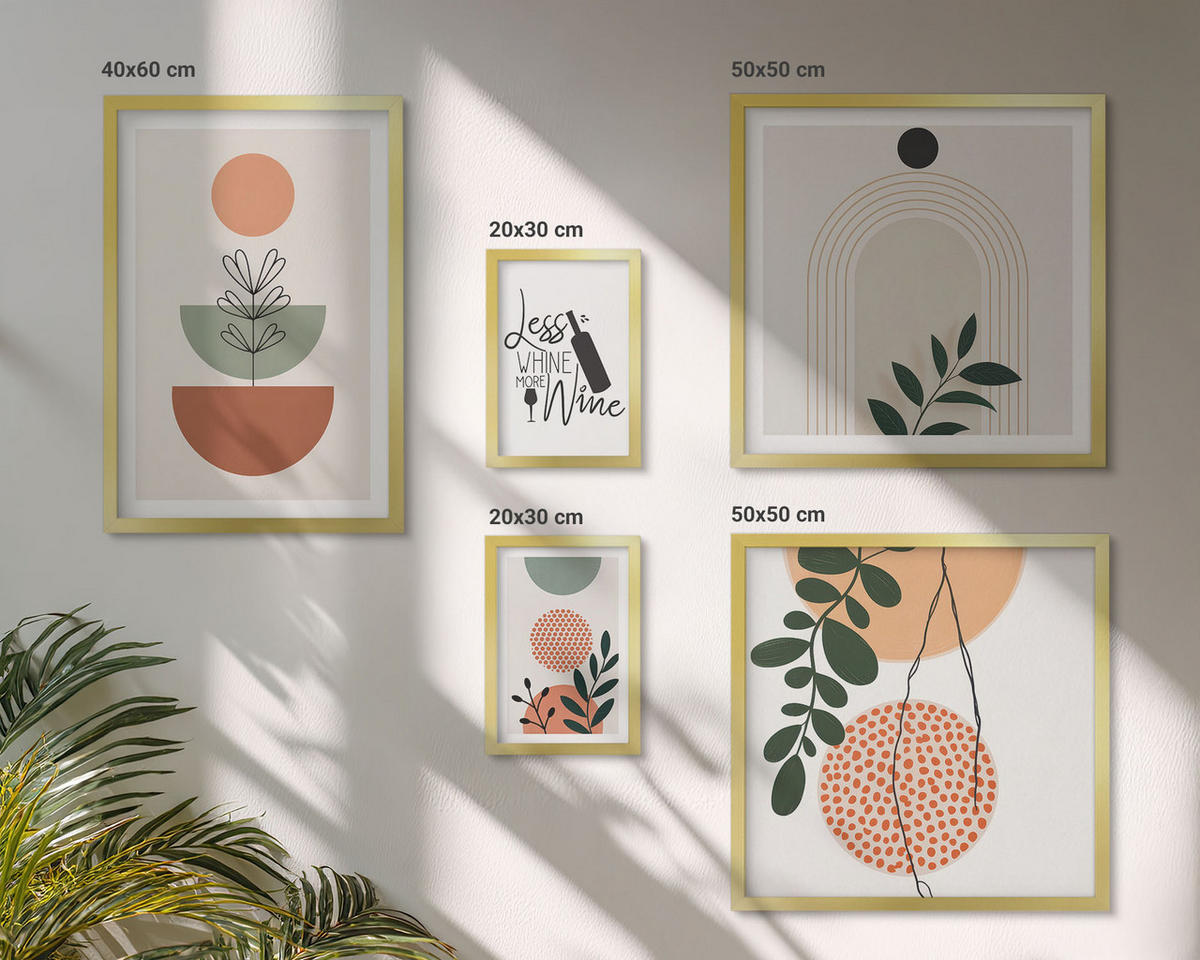 WANDBILDER 5er Set - 50x50 cm & 20x30 cm & 40x60 cm Goldrahmen - Abstrakte Pflanzenformen - Goldfarben, Kunststoff (40/60cm) - ArtPrintCave