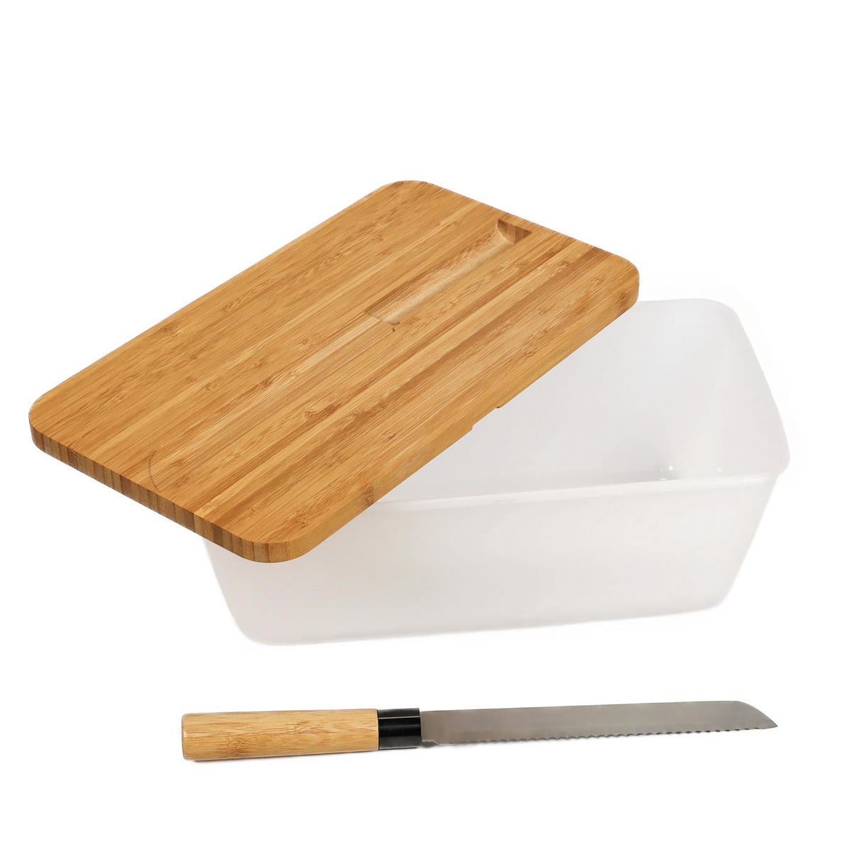 BROTKASTEN mit Bambusdeckel und Brotmesser 34,8/20/15,5 cm - Weiß, Naturmaterialen (20/15.5/34.8cm) - Kesper