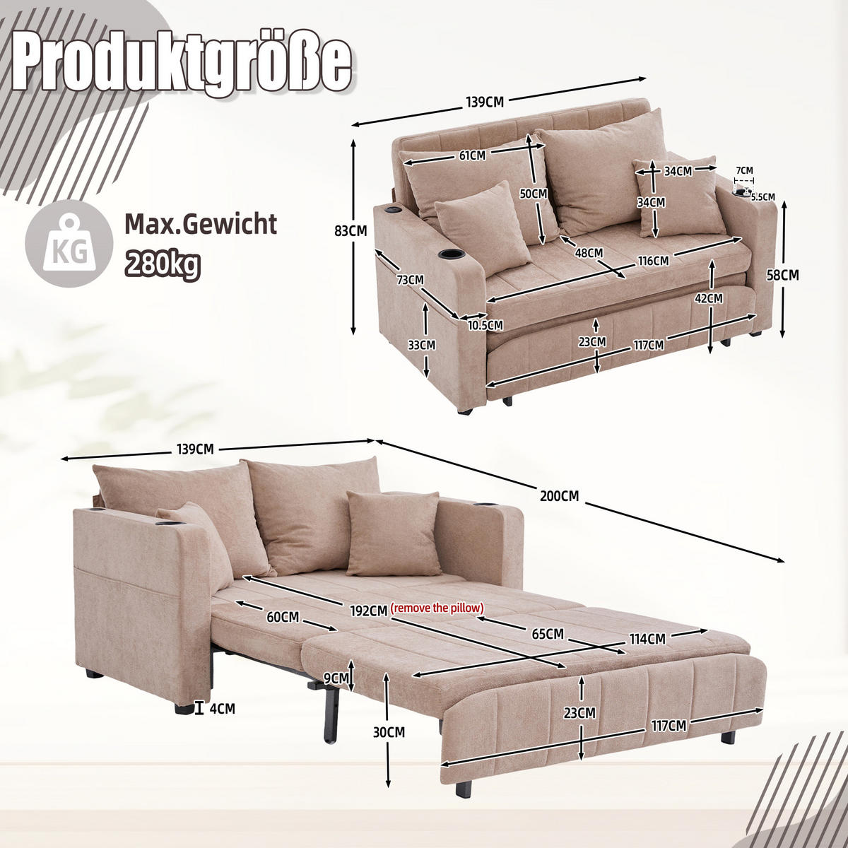 SCHLAFSOFA aus Chenille 139x83x58 cm in Beige mit Schlaffunktion - Beige, Textil (139/58/83cm) - Modfu