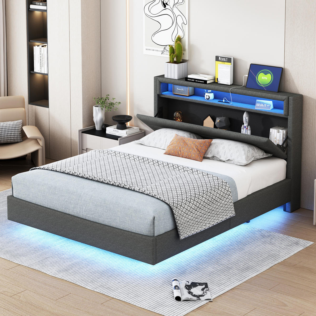 ČALOUNĚNÁ postel 140/200 cm šedá, s USB a LED osvětlením, s úložným čelem - šedá, textil (140/200cm) - BEAOK