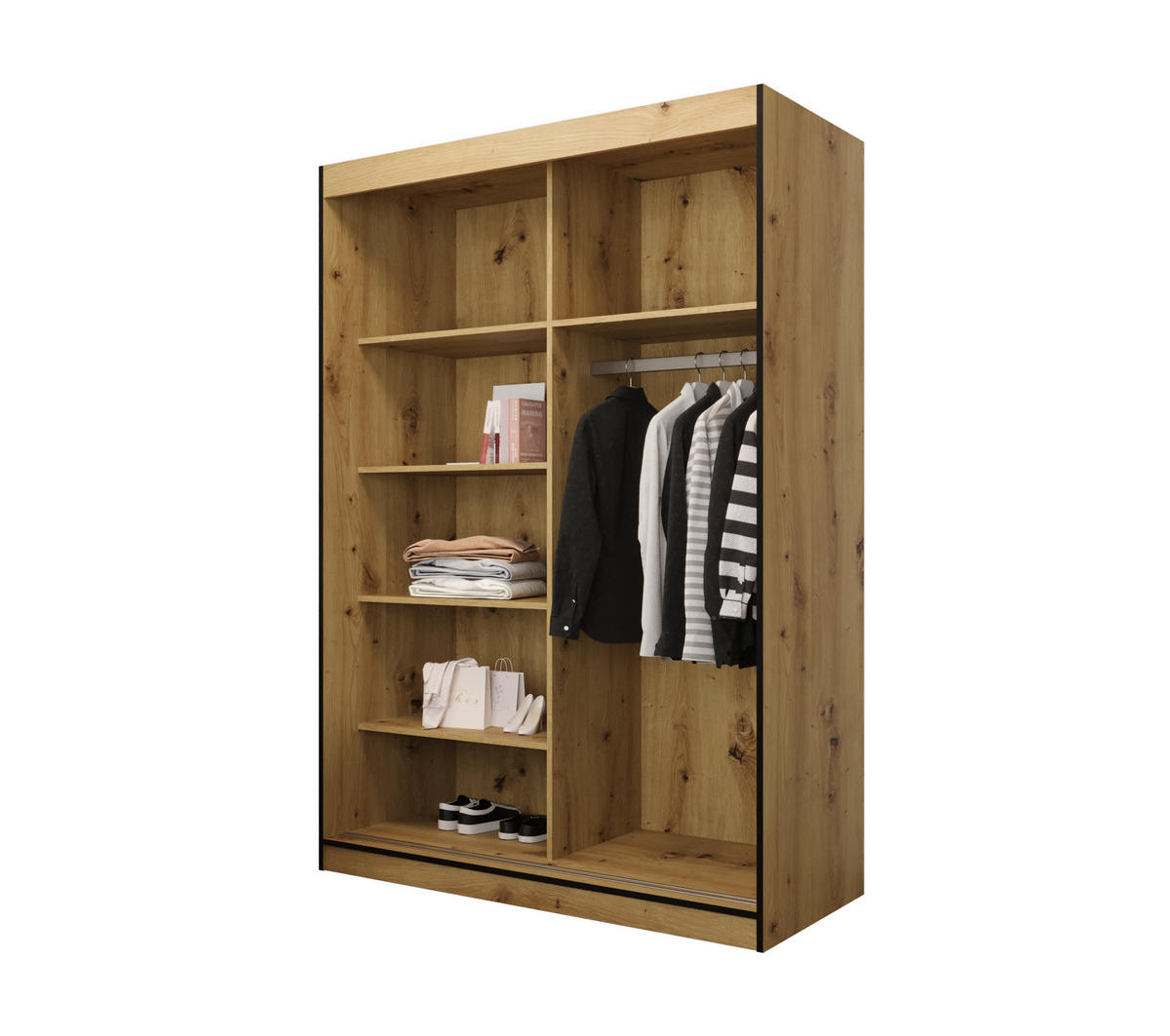 SCHIEBETÜRENSCHRANK MODENA 2 150, 2-türig Kleiderschrank mit 1 Spiegel, Moderne Garderobe, Schrank in Größe: 150 x 216 x 65 cm - Schwarz/Braun, Holzwerkstoff (150/216/65cm) - O-Sofa