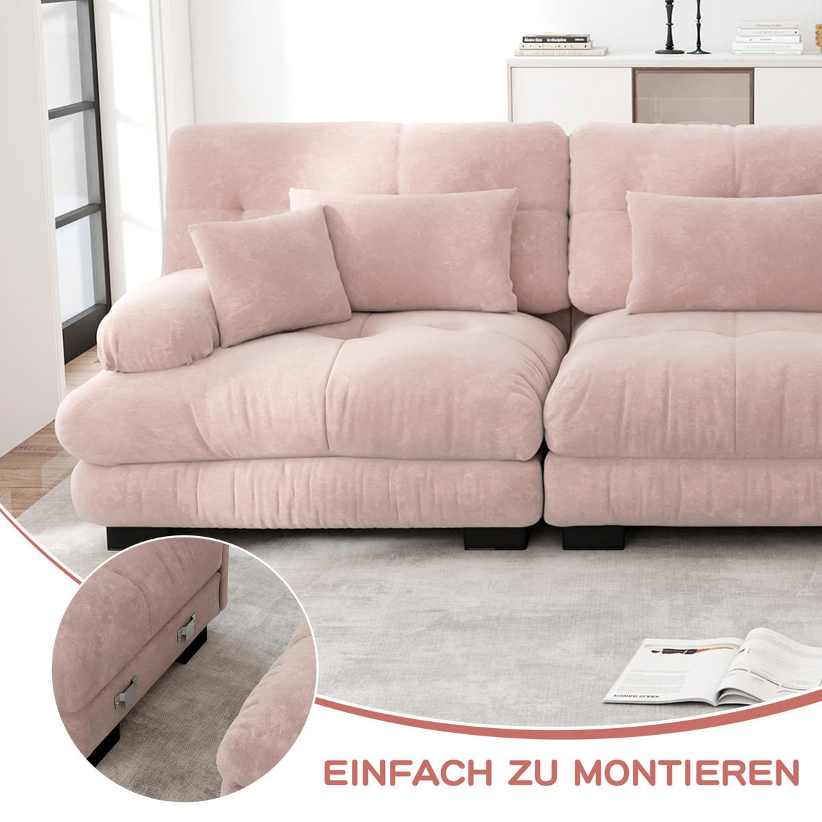 ECKSOFA 220/145/81 cm in Rosa aus Chenille mit Ottomans - Pink, Textil (145/220cm) - Flora Grace