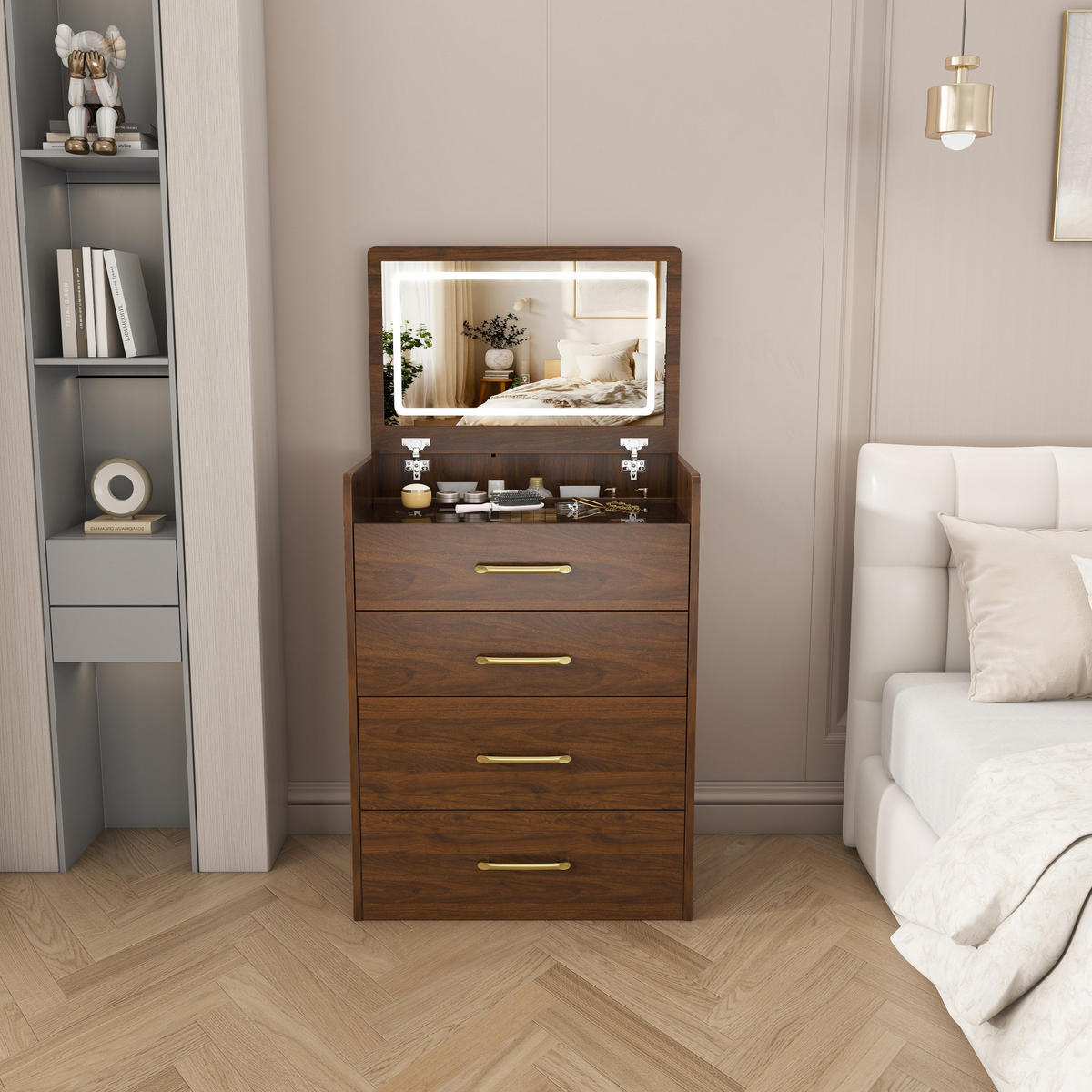 SCHMINKTISCH 40/60/118 cm walnussfarben aus MDF 3-in-1 mit Hocker - Weiß, Holzwerkstoff (40/118/60cm) - OKWISH