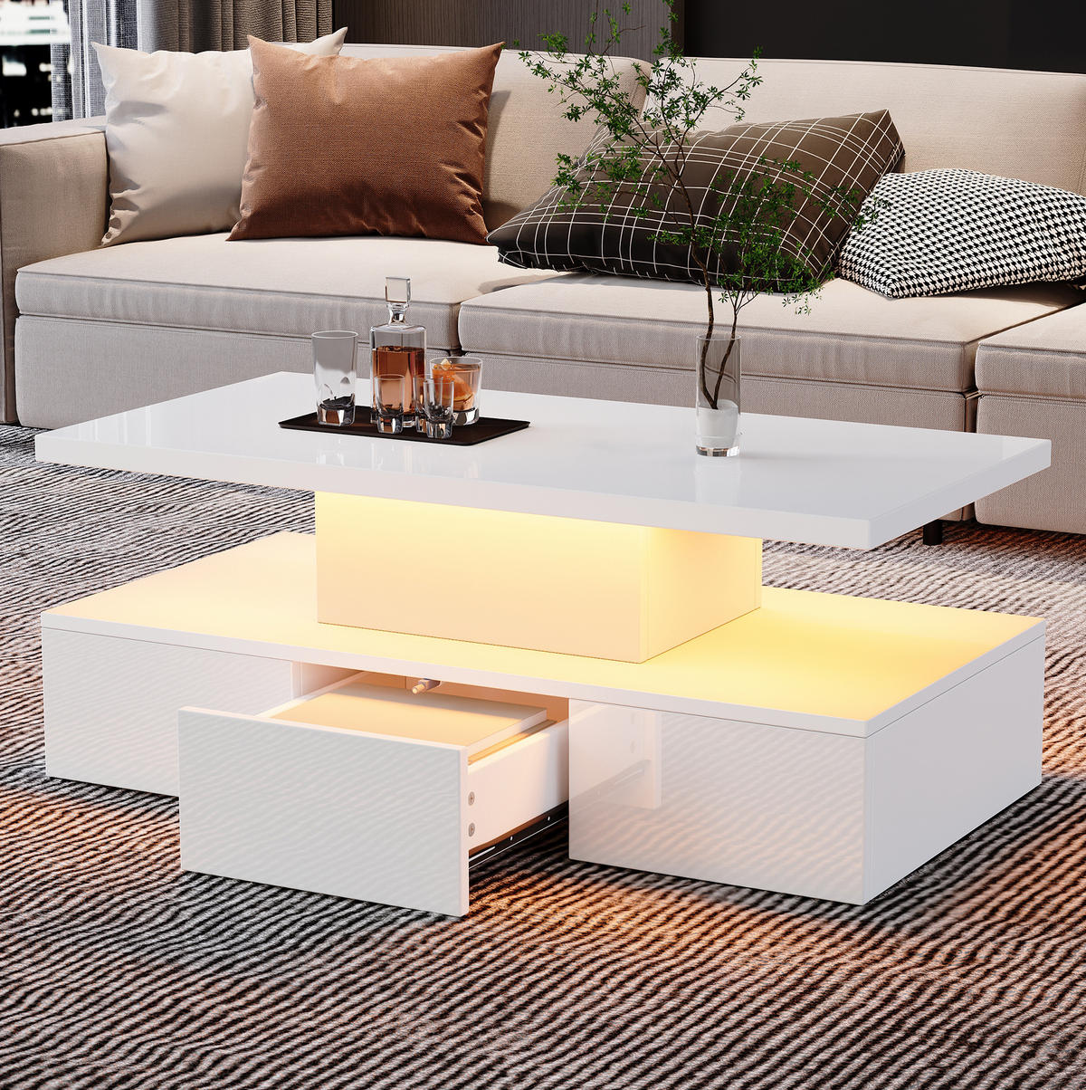 COUCHTISCH 100/50/39 cm Weiß aus Spanplatte mit LED-Lichtleiste - Weiß, Holzwerkstoff (100/50/39cm) - OKMYHOME