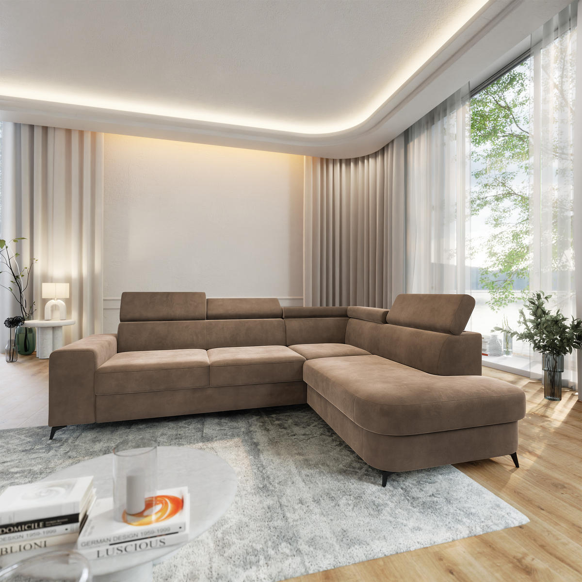 ECKSOFA ALVORO R-S Beige Velours-Stoff mit Schlaffunktion - Beige, Holz (253/190cm) - MASSENO