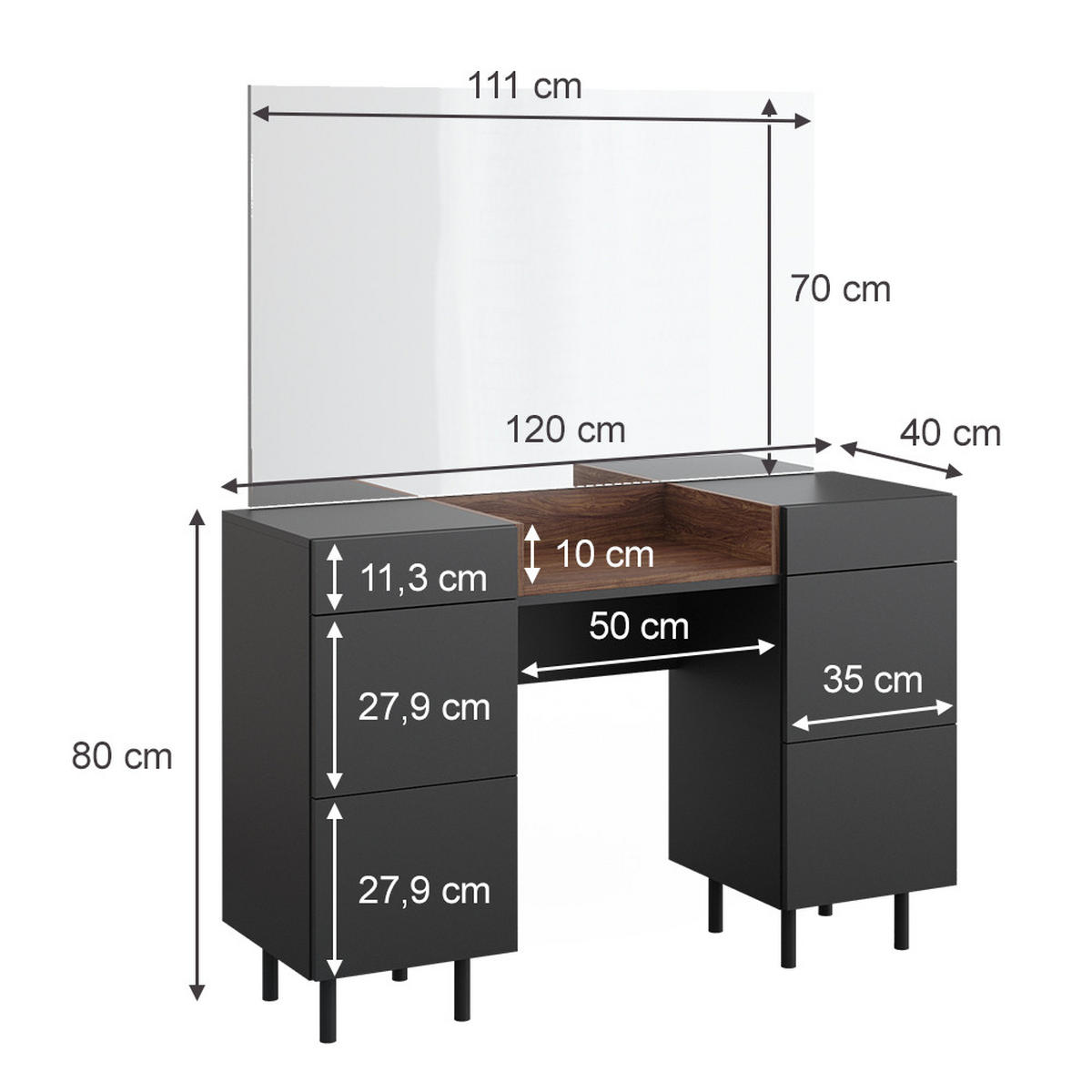 SCHMINKTISCH Anika Anthrazit 120 cm mit Spiegel - Anthrazit/Walnussfarben, Holzwerkstoff (120/80/40cm) - Vicco