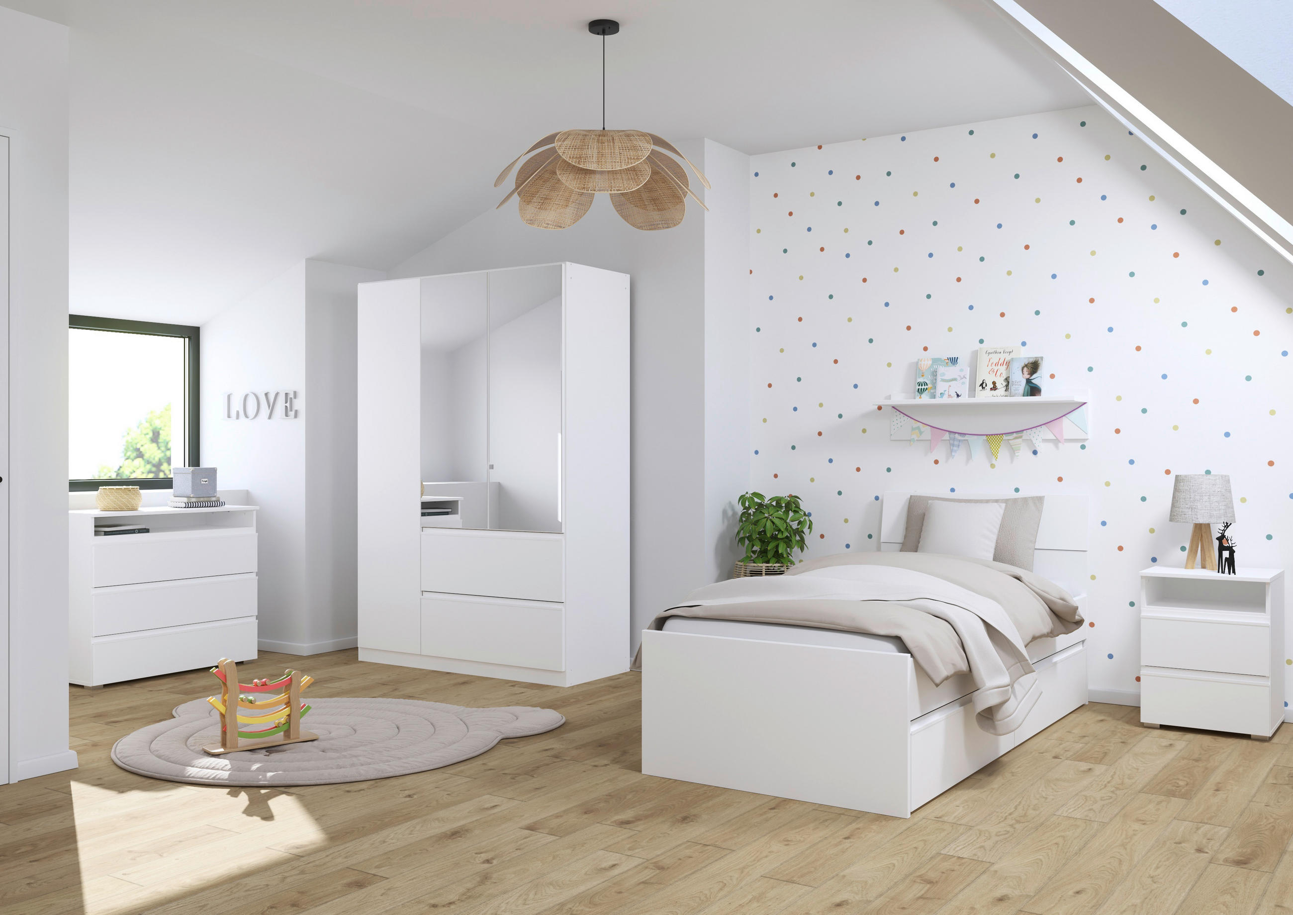 JUGENDZIMMER Joel in Weiß 5 teilig mit 90er Bett - Weiß, Holzwerkstoff (120/200/80cm)