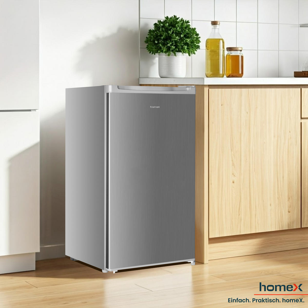 KÜHLSCHRANK, ohne Gefrierfach, Vollraumkühlschrank klein - 88L Nutzinhalt, freistehend und kompakt, leise 39 dB, LED-Innenbeleuchtung - Silberfarben, Kunststoff/Metall (47.5/85/44.5cm) - homeX