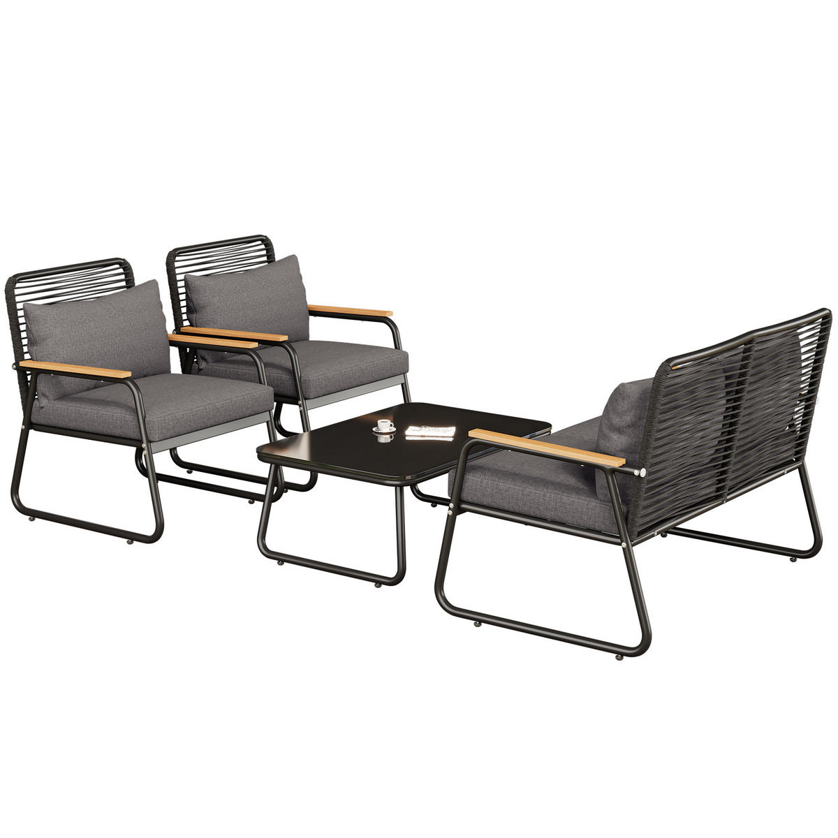 GARTEN-LOUNGE-SET Ecksofa-Set Schwarz 4-tlg. - Schwarz, Metall - ComfortXL