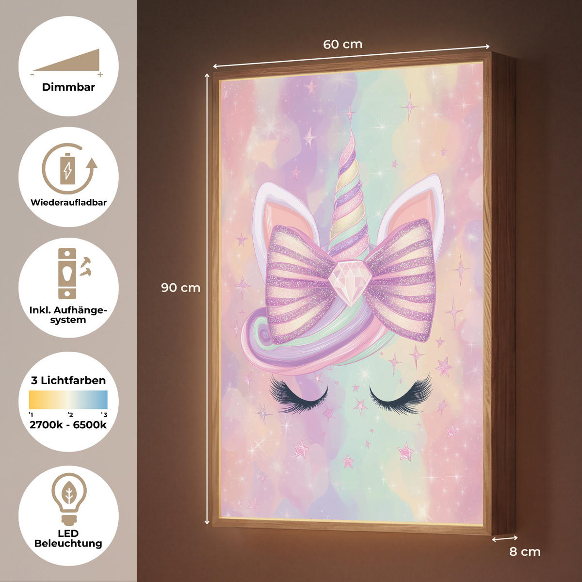 DOBÍJECÍ NOČNÍ LAMPIČKA Jednorožec - Třpytky - Duha - Pastelové barvy 60x90 cm - světle růžová, kompozitní dřevo (8/60/90cm) - OnlyWow