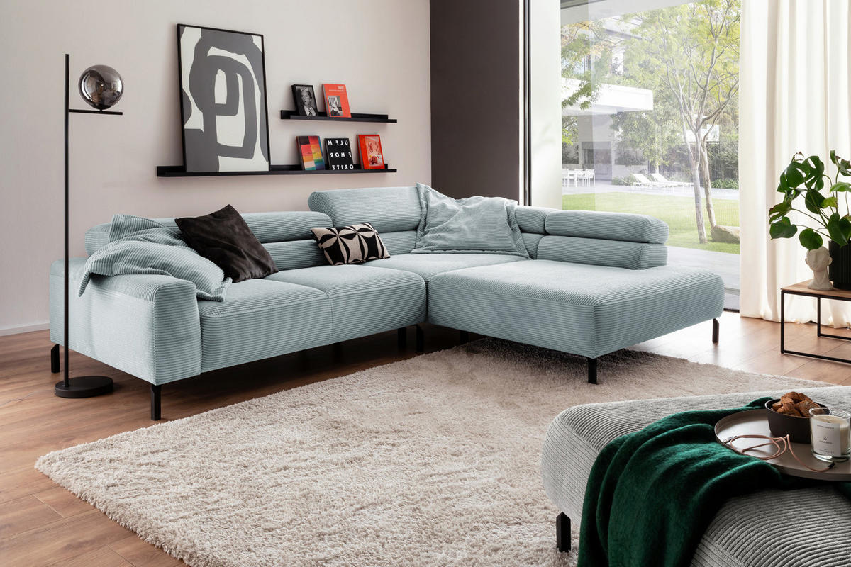 ECKSOFA DELIA Hellblau Cord - Schwarz/Hellblau, Textil/Metall (276/219cm) - KAWOLA