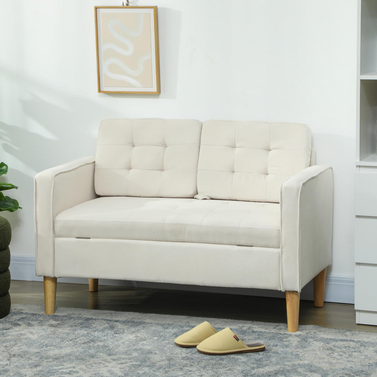 2 Sitzer Sofa, Couch mit Stauraum, Holzbeine, Gepolsterter Polstersofa, Cremeweiß - Eukalyptusholzfarben/Creme, Holz/Textil (62/78/117cm) - HOMCOM