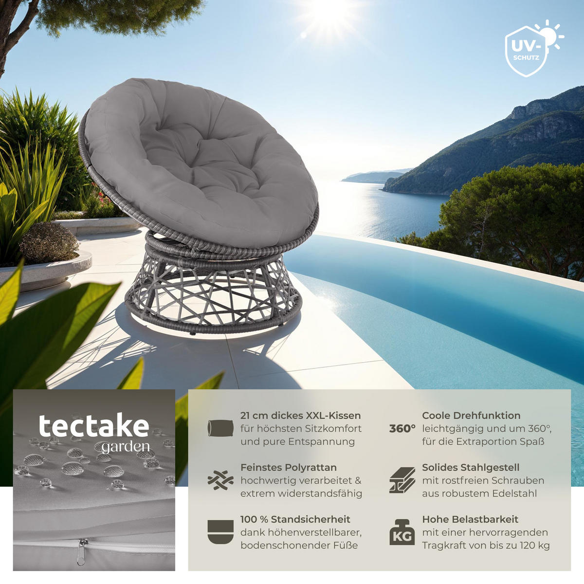 RATTANSESSEL Gargano,92 x 80 x 80,5 cm,grau - Grau, Kunststoff (80/80.5/92cm) - tectake