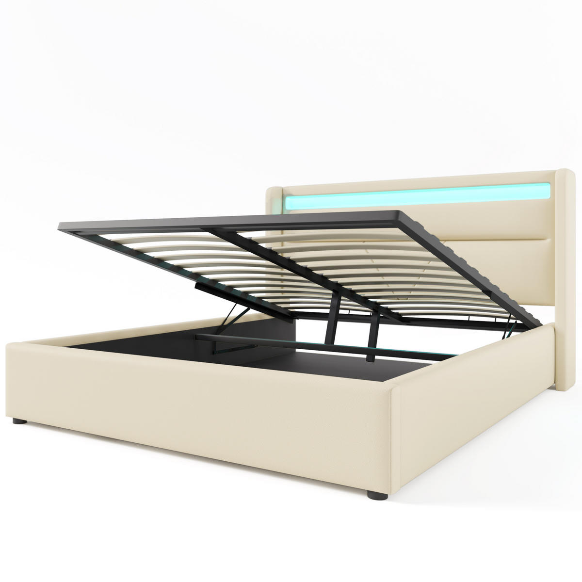 POLSTERBETT mit Bettkasten und LED 160x200 cm PU Weiß - Weiß, Metall (160/200cm) - Meubliv