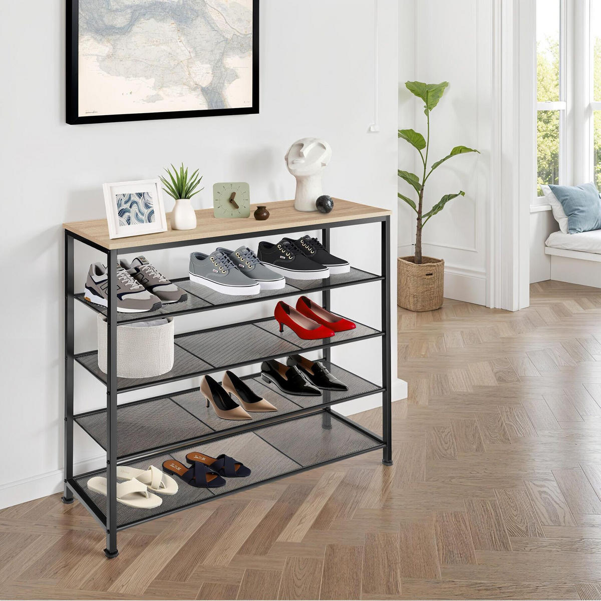 SCHUHREGAL Sheffield,100 x 30,5 x 93 cm,Industrial Holz hell, Eiche Sonoma - Naturfarben, Metall (30.5/93/100cm) - tectake