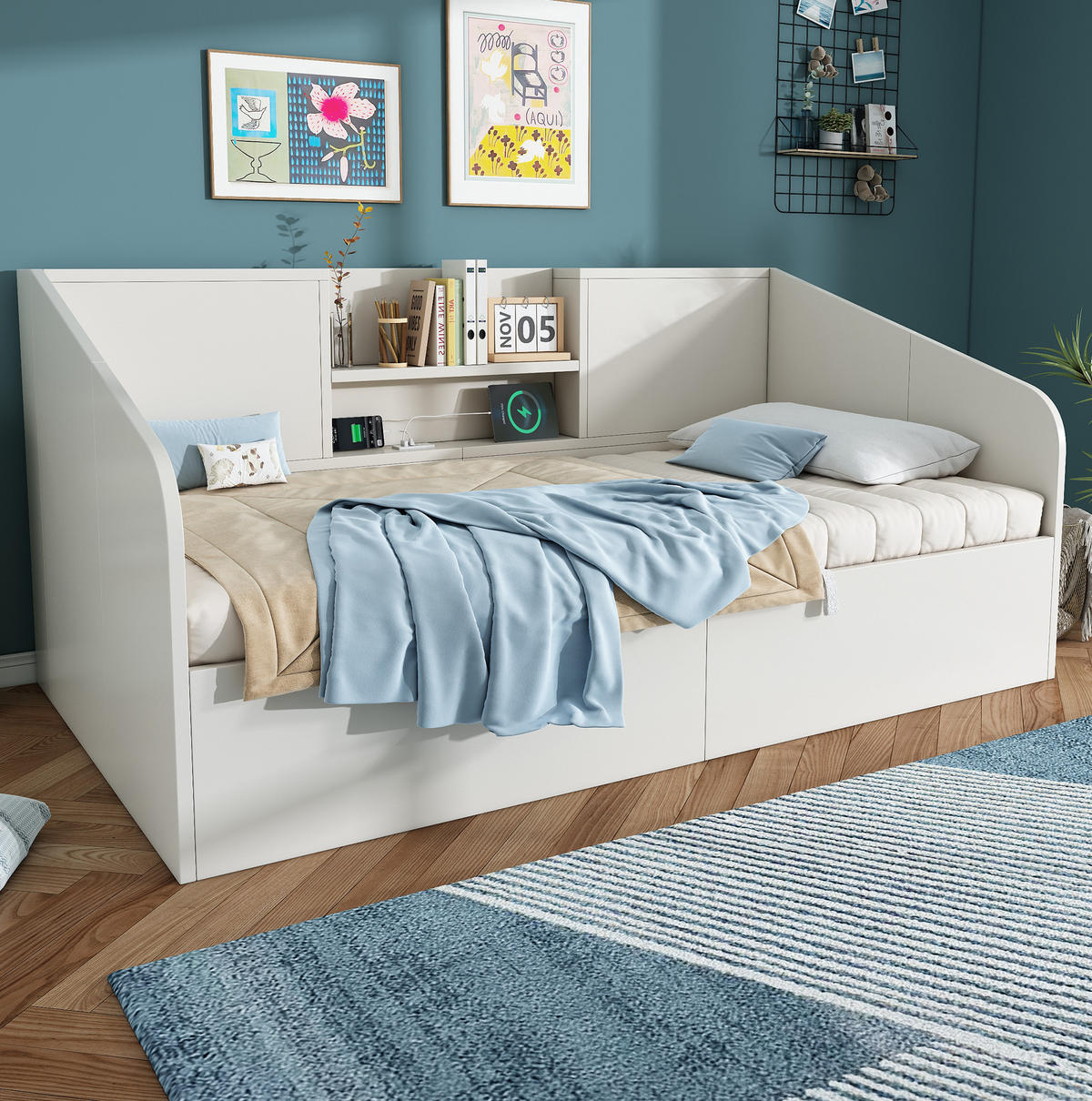 ČALOUNĚNÁ postel 90/190 cm dřevo bílá, s hydraulickým úložným prostorem a USB/Type-C - bílá, kompozitní dřevo (90/190cm) - BEAOK