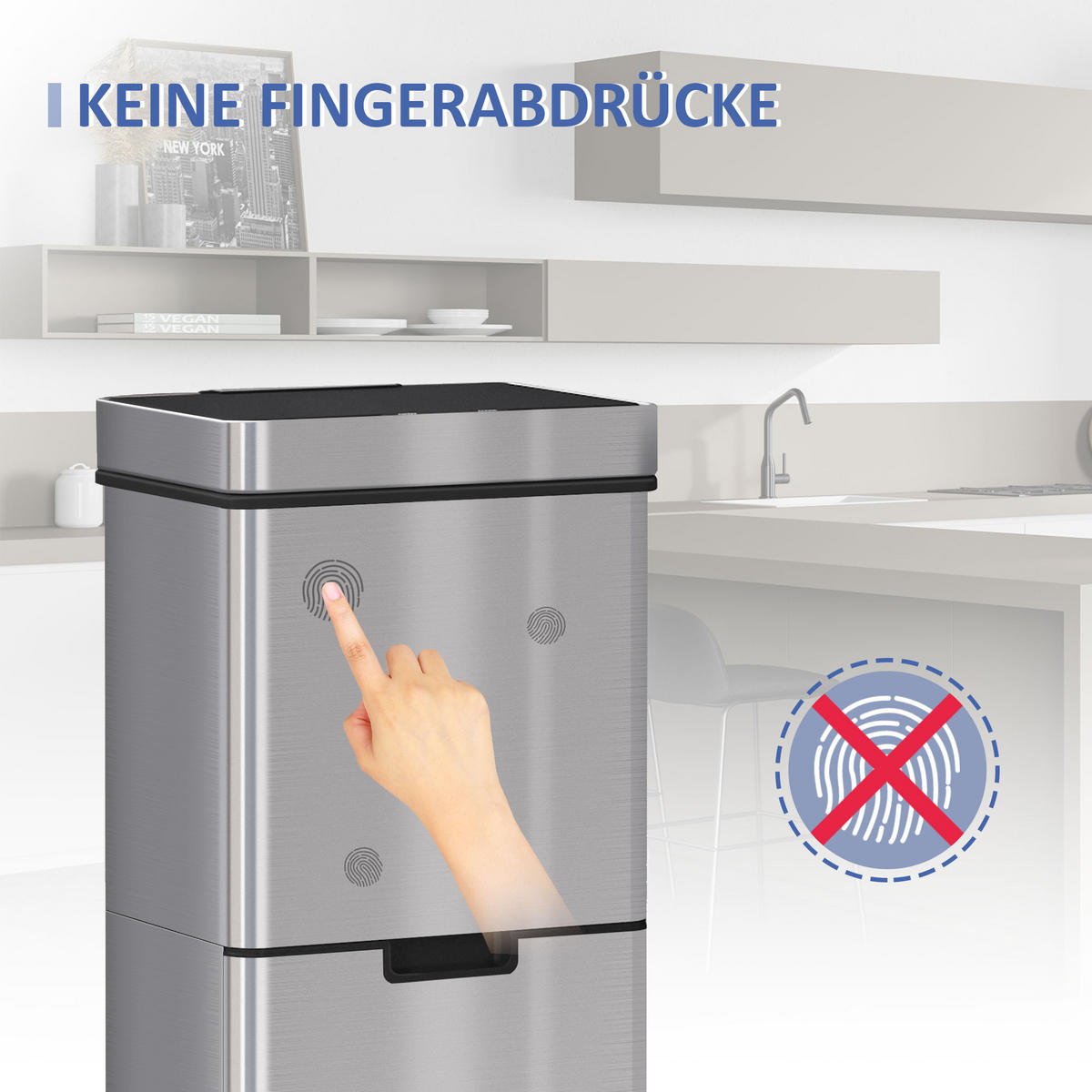 MÜLLEIMER Mülltrennsystem Abfalleimer mit Sensor 72 l 3 Fächer Edelstahl Silber - Silberfarben, Metall (30/81/42cm) - HOMCOM