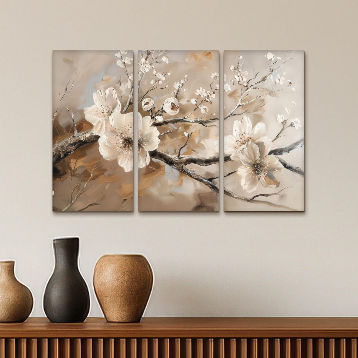 LEINWANDBILD 3er Set Blüte - Beige - Abstrakt - Blumen 60x40 cm - Hellbraun, Textil (60/40cm) - MuchoWow