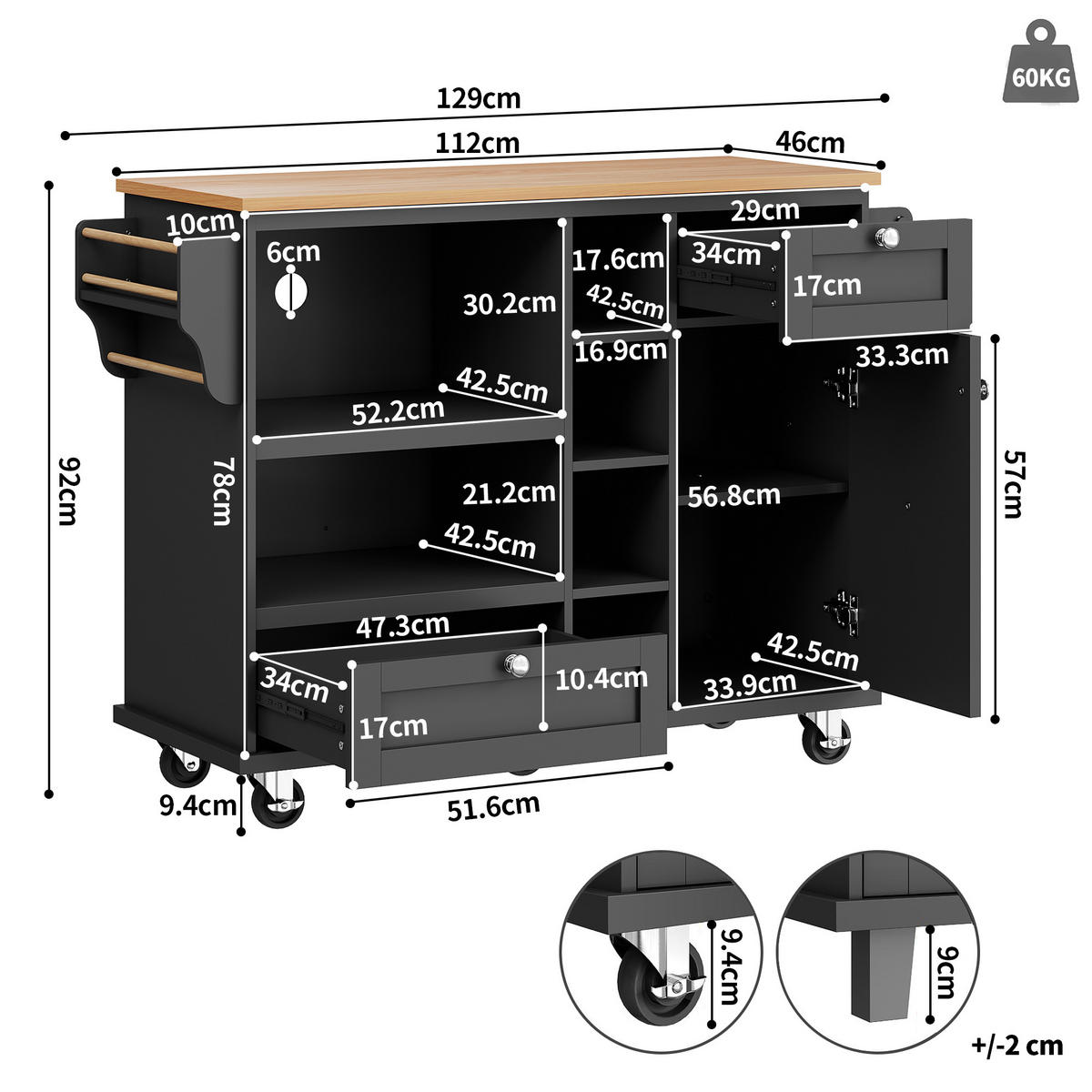 KÜCHENINSEL 129/46/96 cm schwarz mit Rollen und Stauraum - Schwarz, Holzwerkstoff (139/92/46cm) - OKWISH
