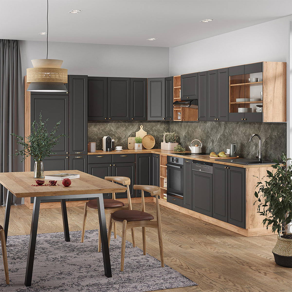 ECKKÜCHE Fame-Line Anthrazit Landhaus/Goldkraft Eiche 347x257 cm AP Marmor - Dunkelgrau/Eiche Wotan, Holzwerkstoff (347/81.6/60cm) - Vicco