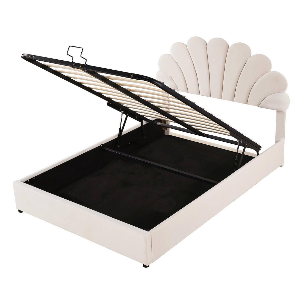 POLSTERBETT 140/200 cm mit Lattenrost und hydraulischem Bettkasten, florales Kopfteil aus Samt, Beige - Beige, Textil (140/200cm) - Redom