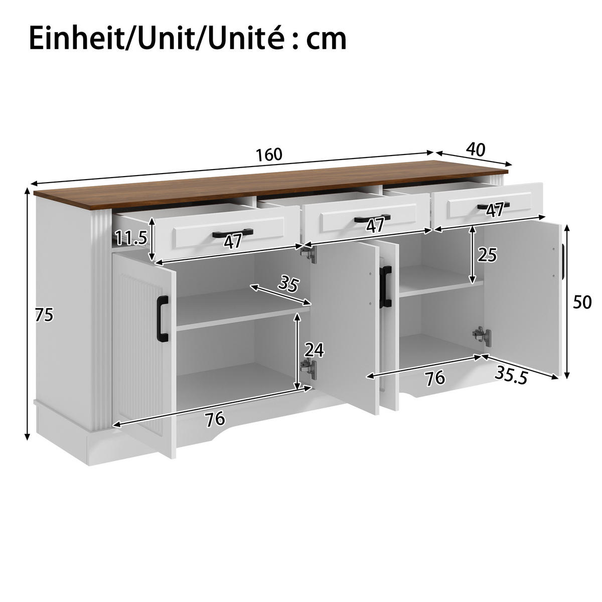 SIDEBOARD DE-37539 160/40/75 cm mit 3D-vertikalen Streifen Weiß - Weiß, Holzwerkstoff (160/75/40cm) - ComfortXL
