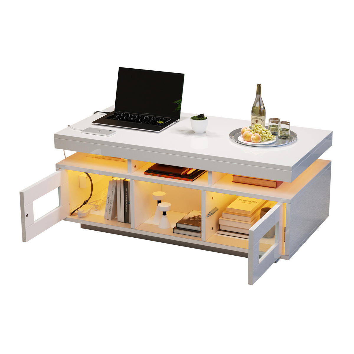 COUCHTISCH 100/50 cm mit LED-Beleuchtung und Ladeanschlüssen in Weiß - Weiß, Holzwerkstoff (100/50/43cm) - BEAOK