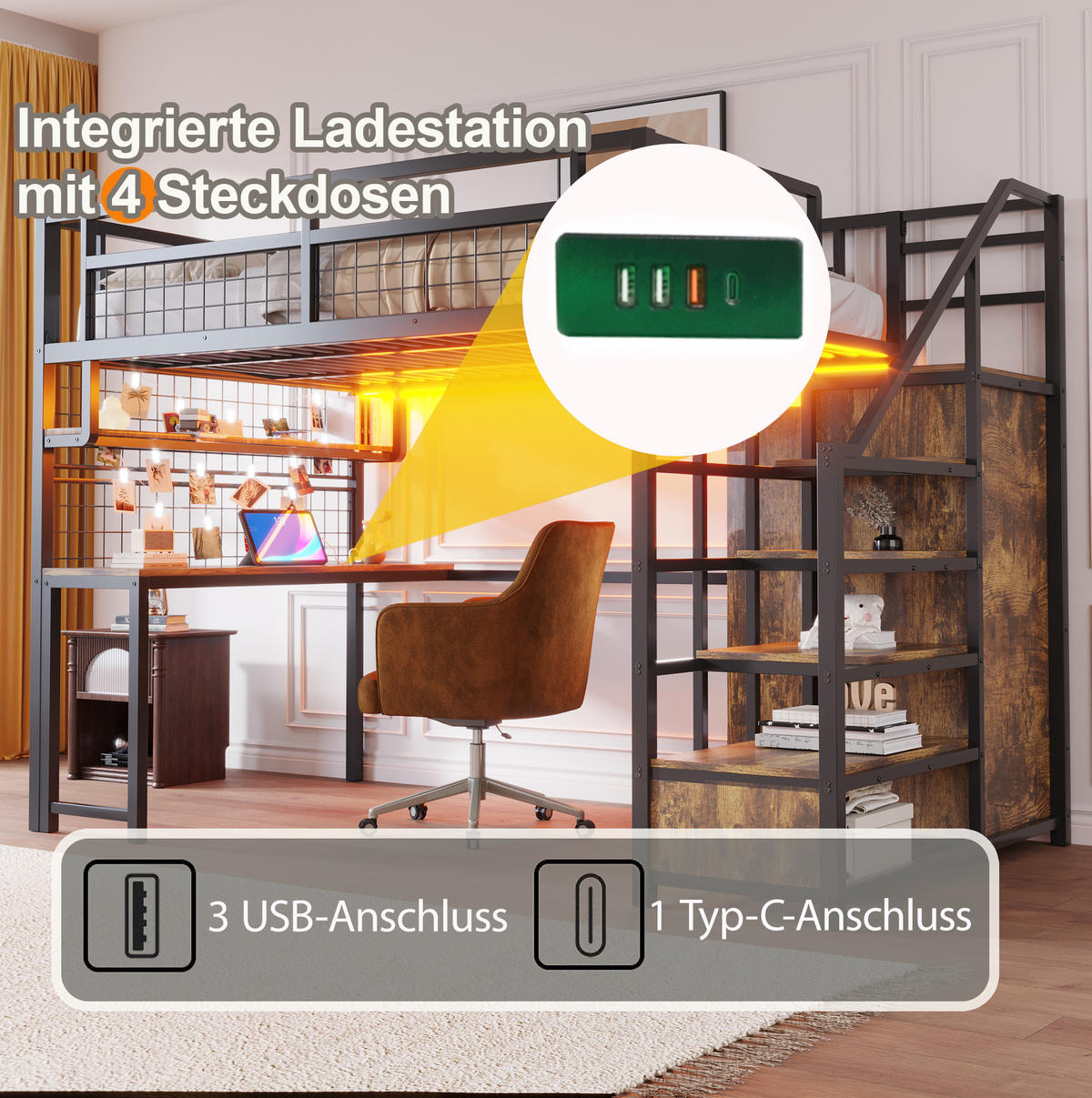 HOCHBETT 140/200 cm aus Metall mit Schreibtisch, Stauraumtreppe, Schwarz - Schwarz, Metall (140/200cm) - OKMYHOME