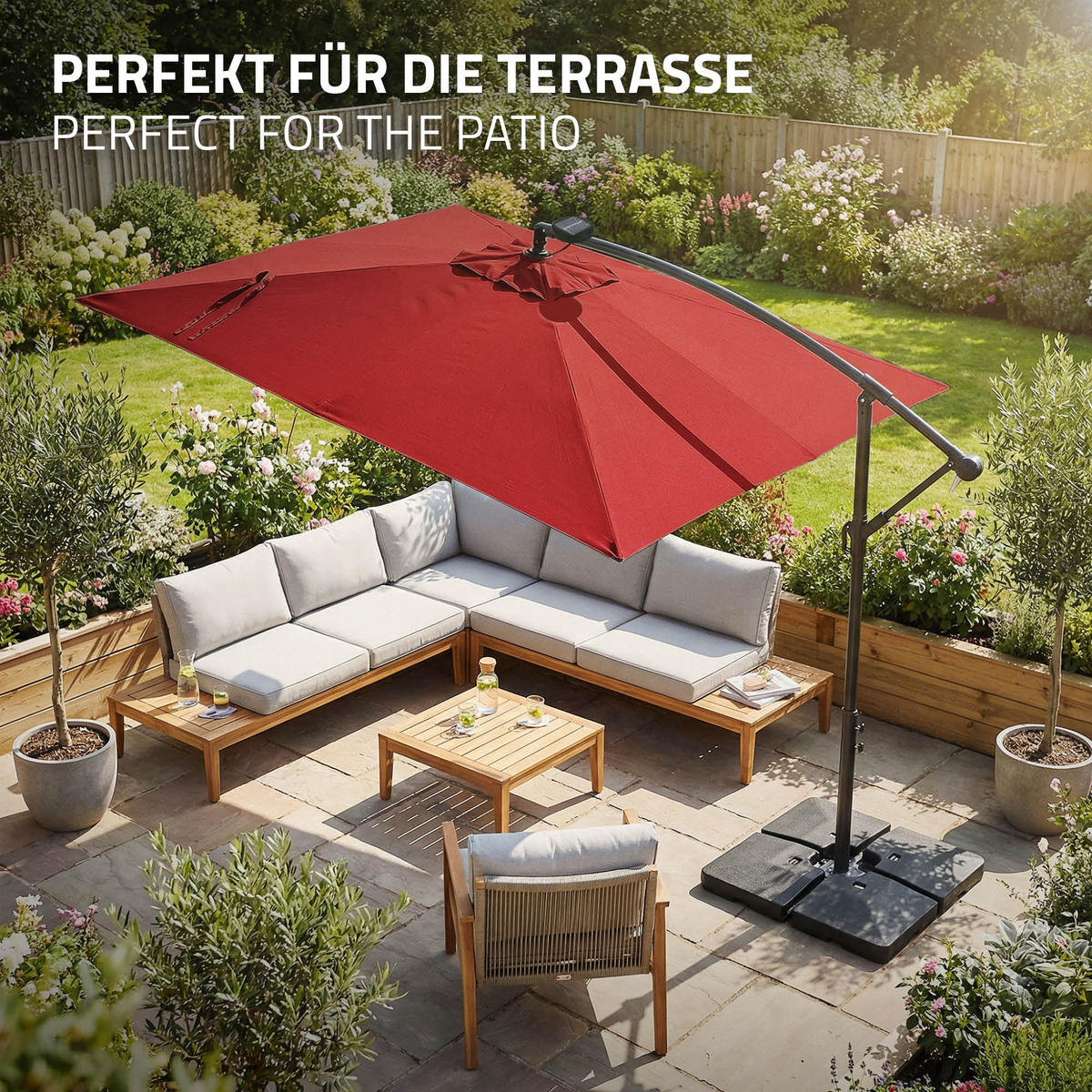 AMPELSCHIRM Ø 330 cm in Rot aus Aluminium mit LED-Solar - Rot, Metall (330/330cm) - ML-DESIGN