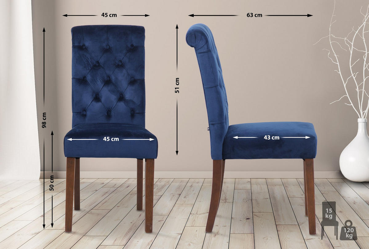 STUHL 2er Set Samt blau - Blau/Walnussfarben, Holz/Textil (45/98/63cm) - CLP