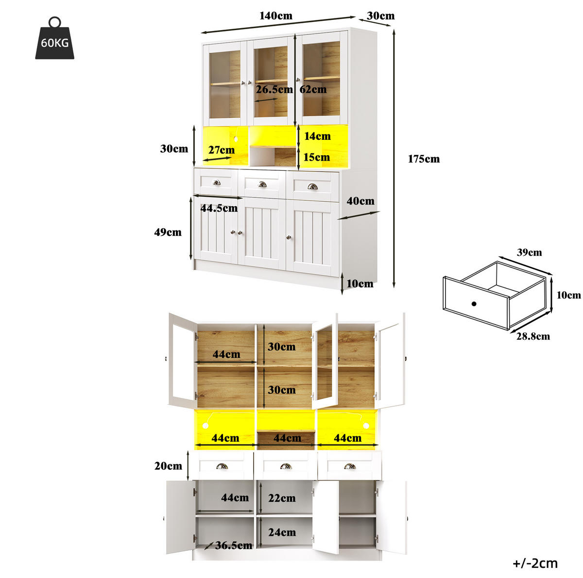 KÜCHENSCHRANK mit LED-Beleuchtung 140x40x175 cm MDF White - Weiß, Holzwerkstoff (40/175/140cm) - Meubliv