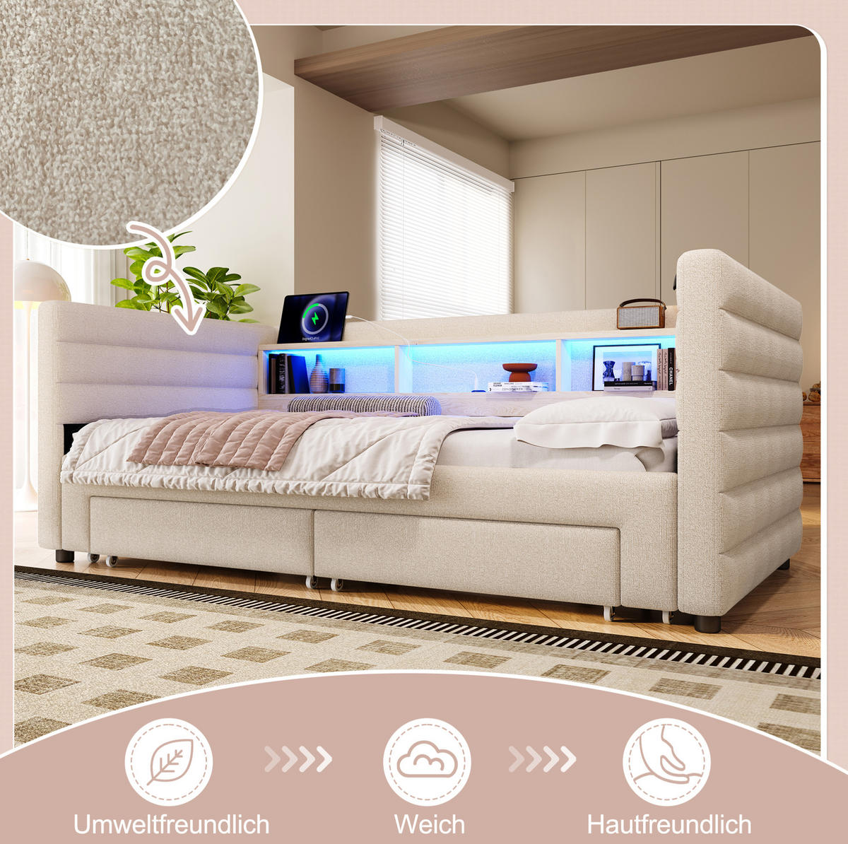 POLSTERBETT 90/190 cm Beige aus Samt mit Ausziehfunktion - Beige, Textil (90/190cm) - OKMYHOME