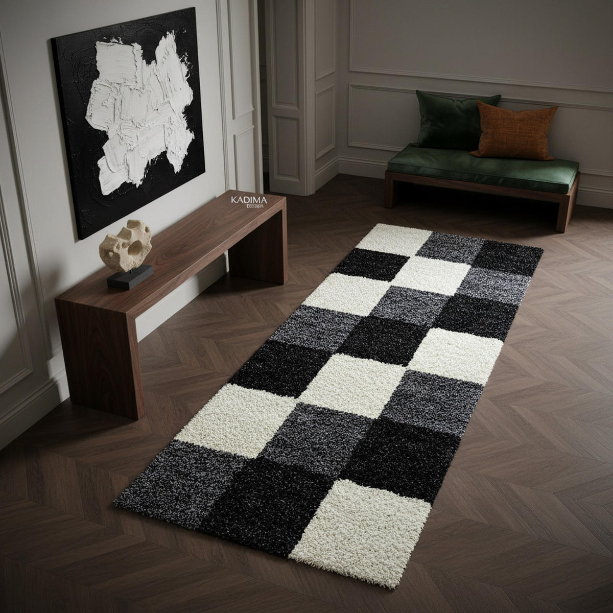 TEPPICH Hochflor Karo Polypropylen Wohnzimmer Shaggy Schwarz Läufer 80x250 - Schwarz, Textil (80/250cm) - KADIMA DESIGN