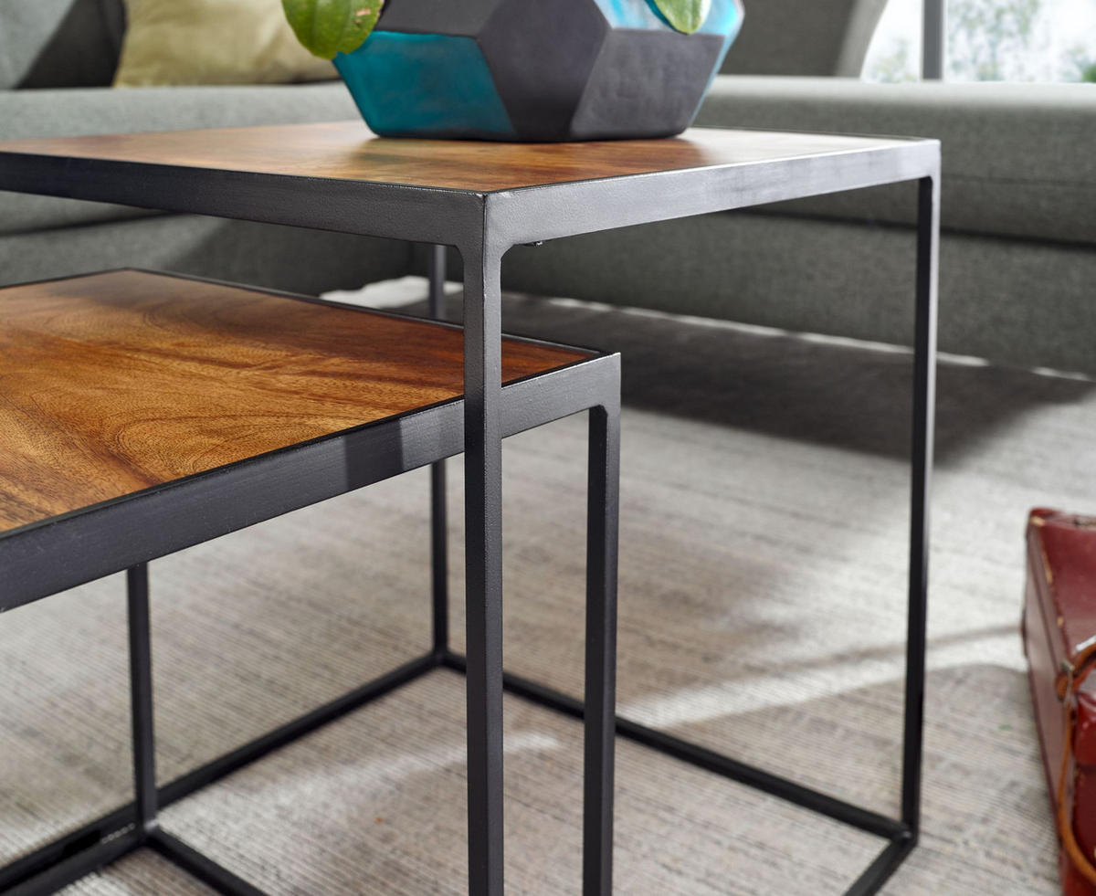 BEISTELLTISCH Set – 2-teilig Mango Massivholz Metall Braun Schwarz Industrial - Schwarz/Braun, Holz/Metall (40/40/44cm) - KADIMA DESIGN