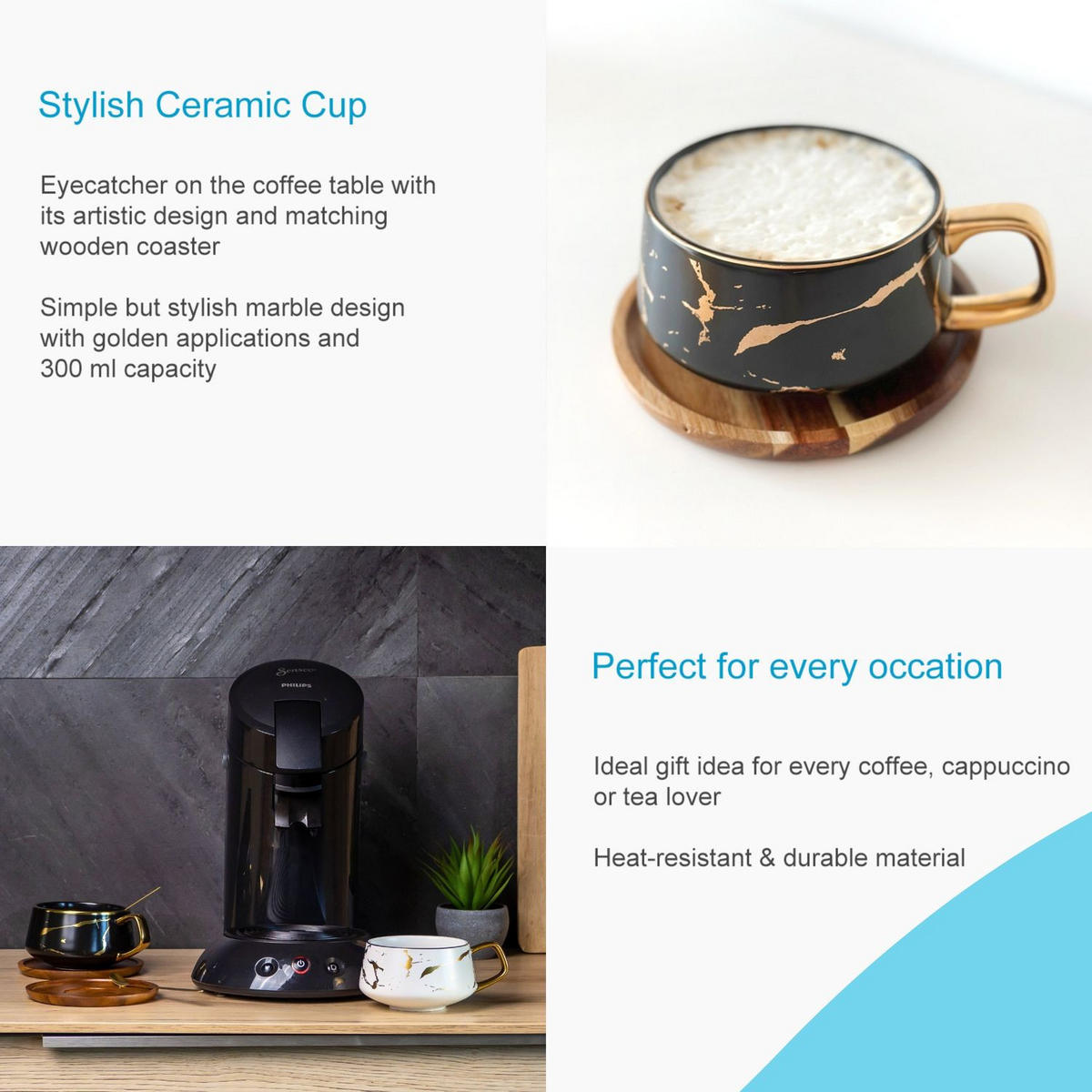 KAFFEETASSE Marmor Design 200 ml mit Untersetzer (2-tlg.) - Schwarz, Keramik (13/6.3/13cm) - Intirilife