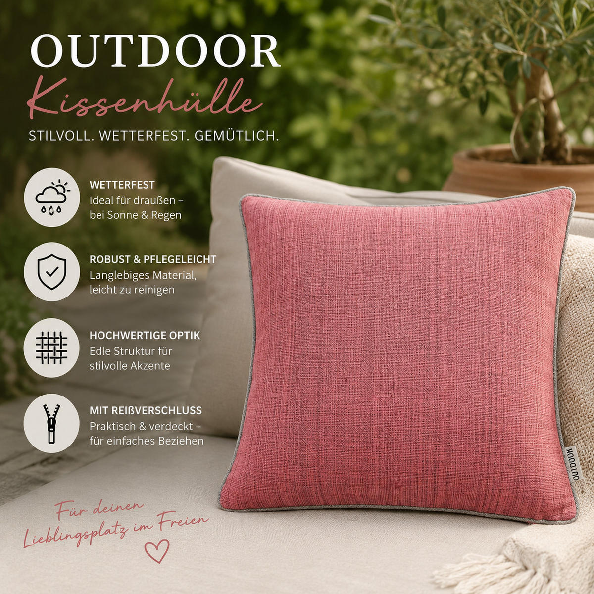 KISSENBEZUG Outdoor meliert 40x40 cm Altrosa - Altrosa, Textil (40/40cm) - TiborTex