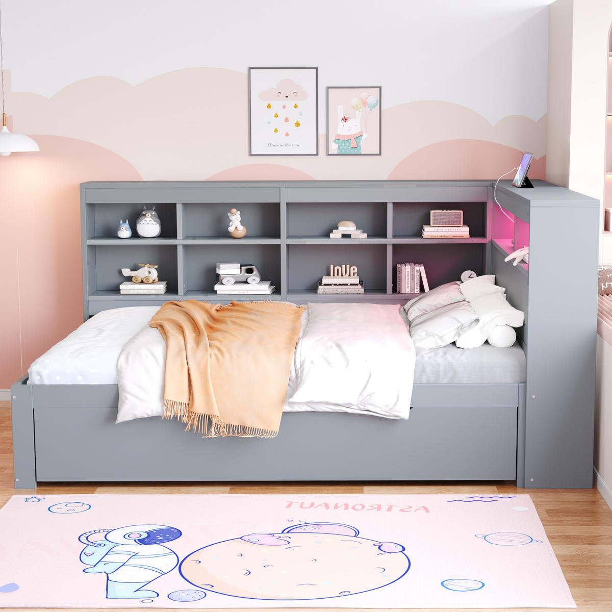 BETT 140x200 Massivholz USB LED Schubladen Stauraum Grau - Grau, Holzwerkstoff - FLIEKS