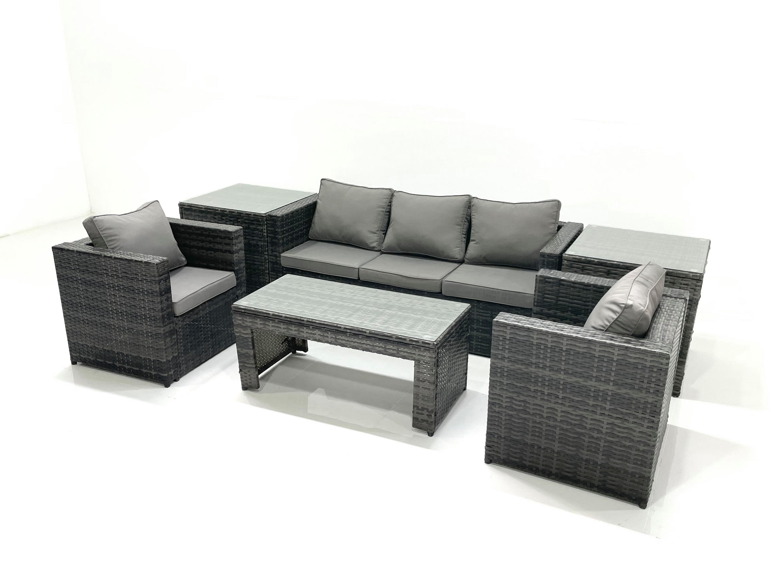 GARTENMÖBEL-SET COUCHTISCH SESSEL SOFA mit HOCKER Polyrattan Dunkelgrau Gemischt 5-Sitzer - Dunkelgrau/Grau, Glas/Kunststoff - Fimous