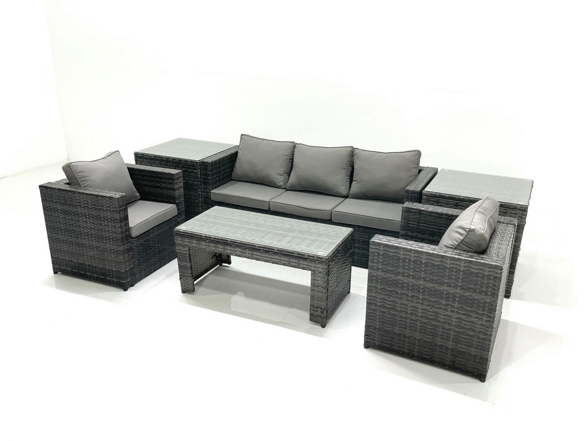 GARTENMÖBEL-SET COUCHTISCH SESSEL SOFA mit HOCKER Polyrattan Dunkelgrau Gemischt 5-Sitzer - Dunkelgrau/Grau, Glas/Kunststoff - Fimous