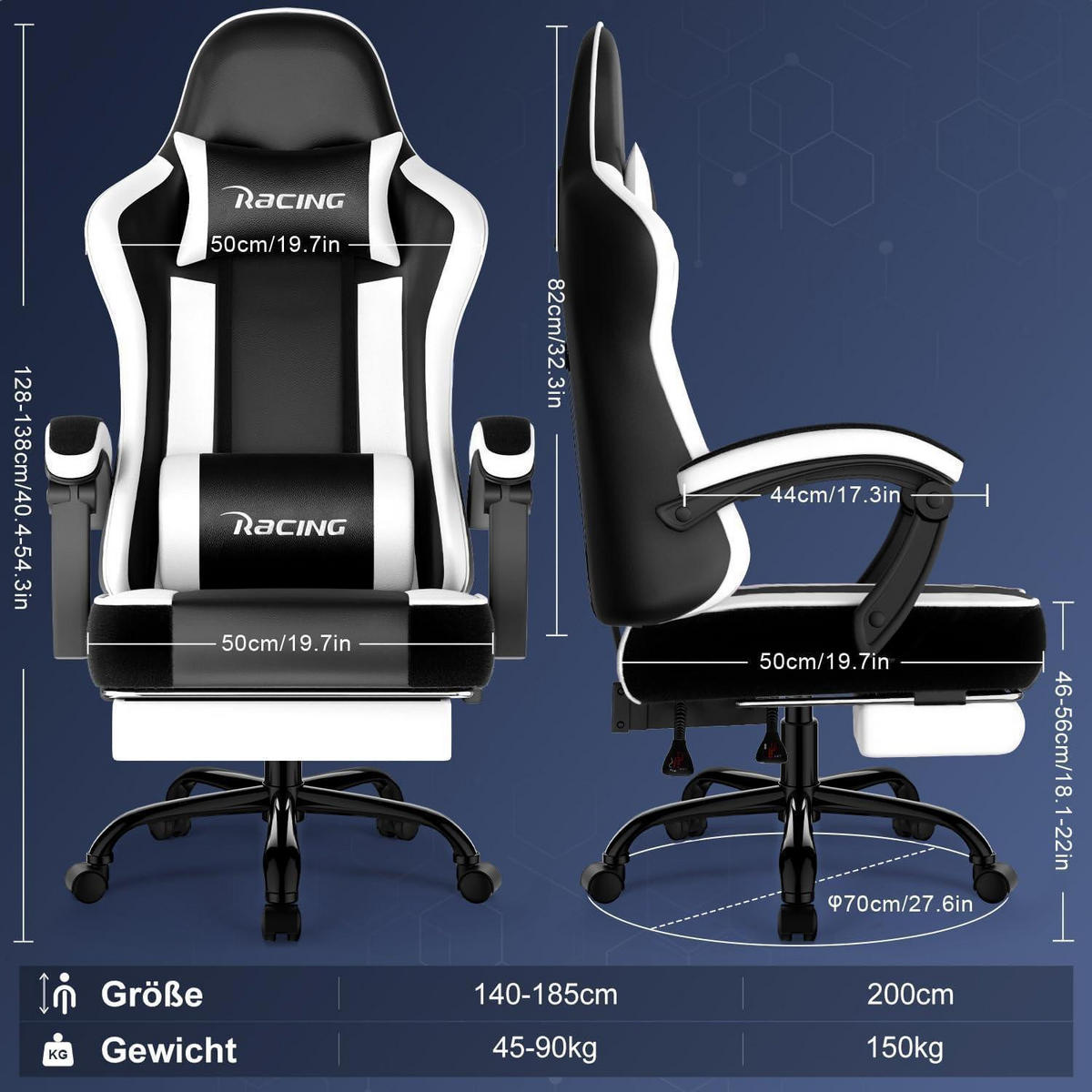GAMING Stuhl ergonomisch mit Fußstütze und verstellbaren Kissen Weiß - Multicolor, Kunststoff (71/139/71cm)