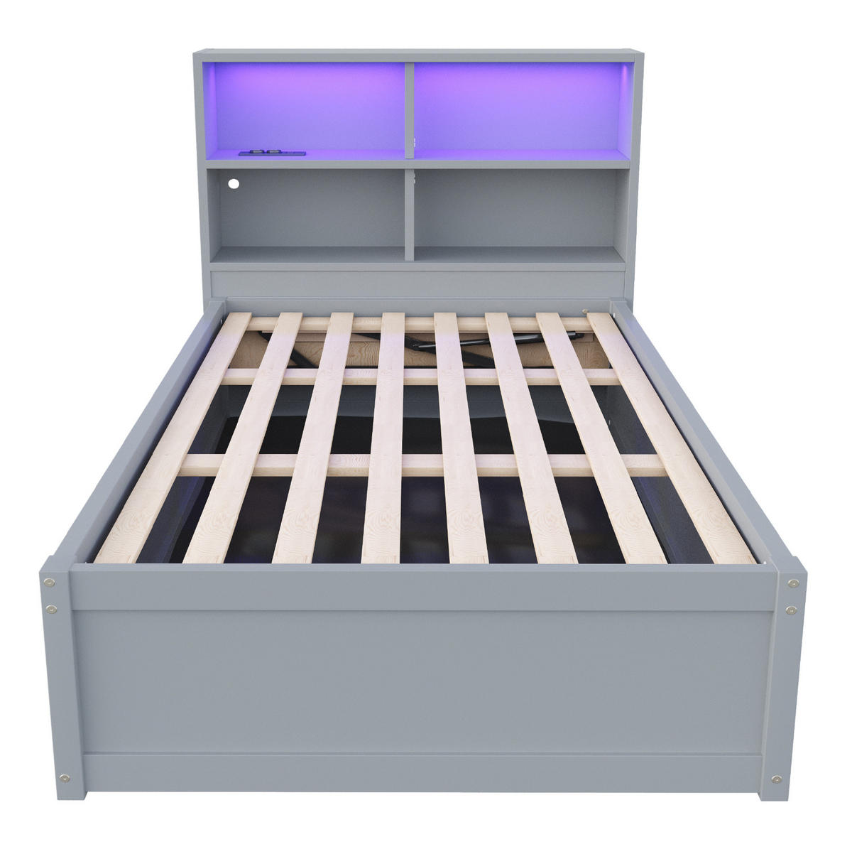 BETT 90/200 cm Grau mit Stauraum, LED-Beleuchtung und Steckdose - Grau, Holz (90/200cm) - Flora Grace
