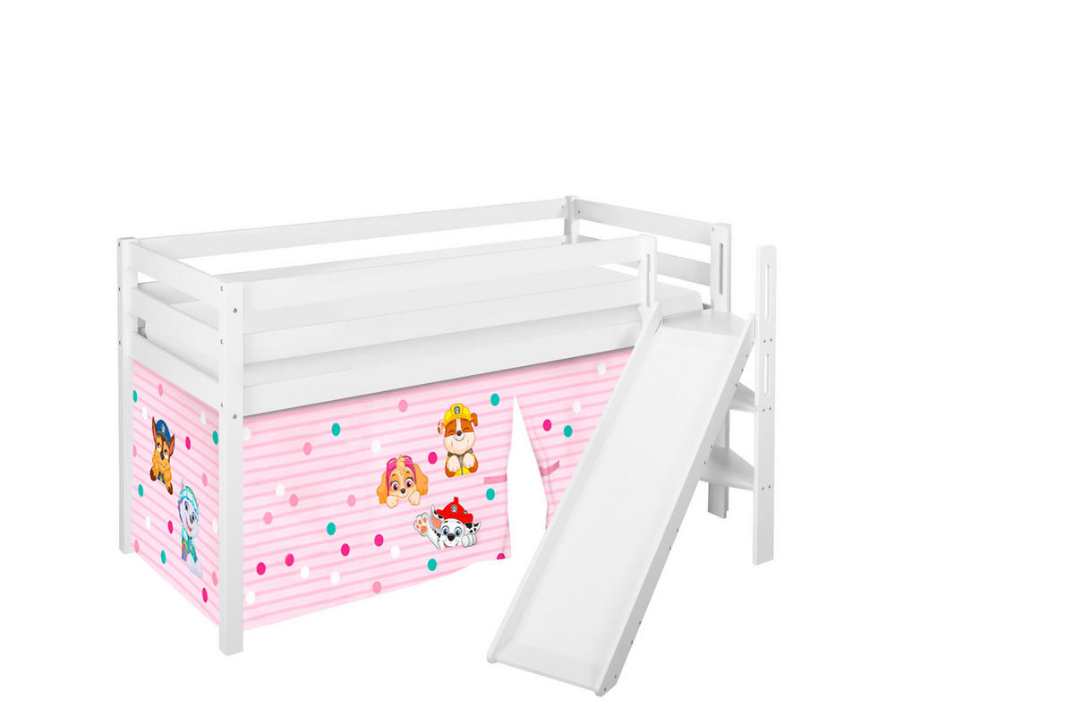 HOCHBETT JELLE Paw Patrol rosa mit schräger Rutsche und Vorhang - Weiß, Holz - Lilokids