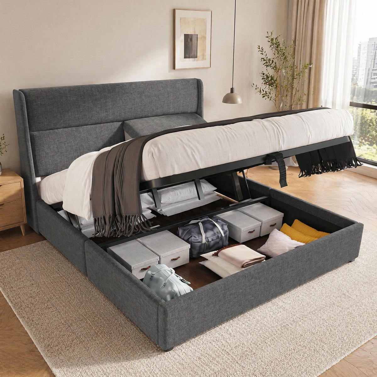 POLSTERBETT 160/200 mit Bettkasten und verstellbarem Kopfteil in Grau - Grau, Textil/Metall (160/200cm) - EVRYAE