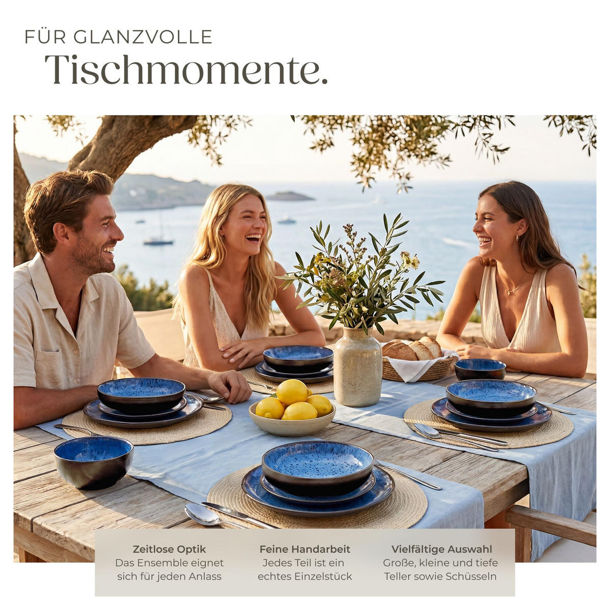 TAFELSERVICE Mare, ineinander stapelbar, blau - Blau, Keramik (26.5/2.5/26.5cm) - tectake