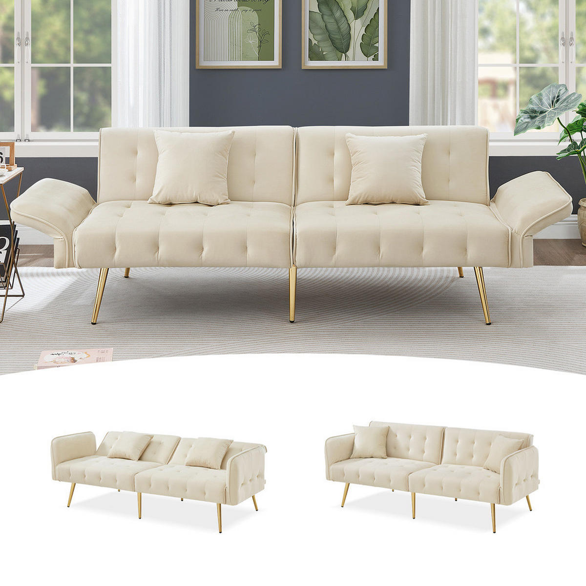 SOFA Zweisitzer Sofabett Velours Verstellbare Lehne Großzügig Schlaffunktion - Beige, Holz (89.92/18.03/80.52cm) - FLIEKS