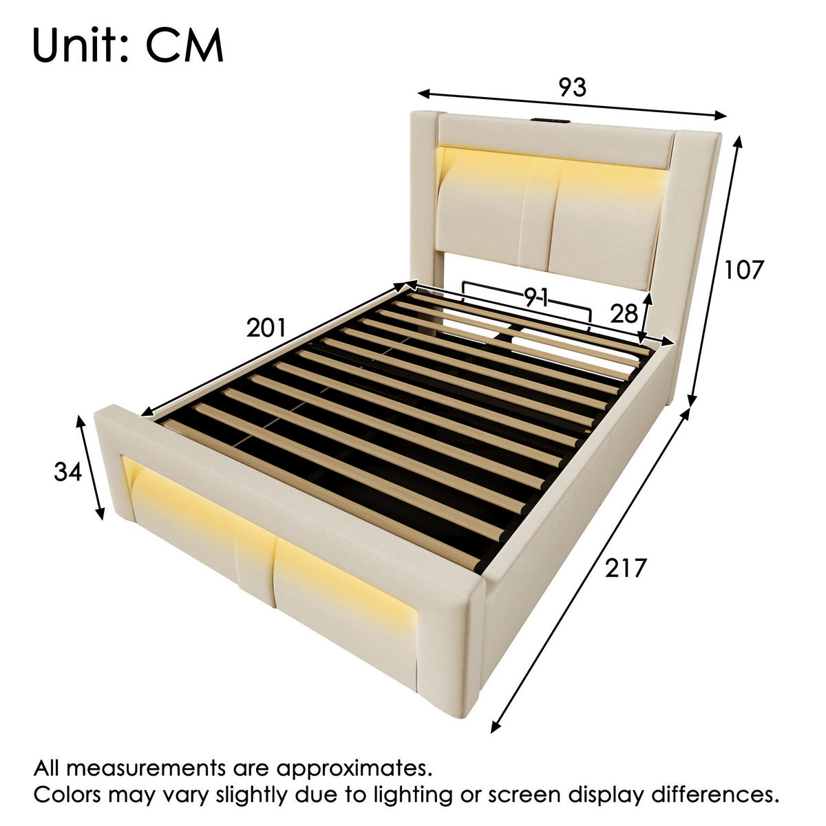 POLSTERBETT 90/200 cm Beige aus Samt mit LED und Stauraum mit Matratze - Beige, Textil (90/200cm) - OKWISH