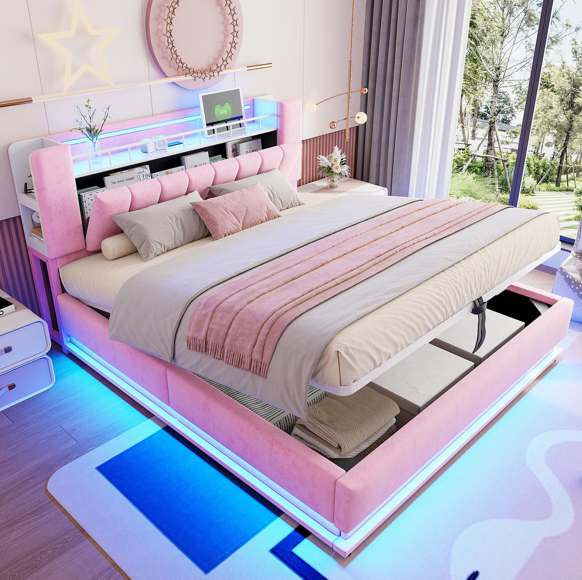 POLSTERBETT aus Samt 180x200 cm Rosa mit LED-Beleuchtung, USB-Anschlüssen und hydraulischem Stauraum - Rosa, Textil (180/200cm) - IVMEU
