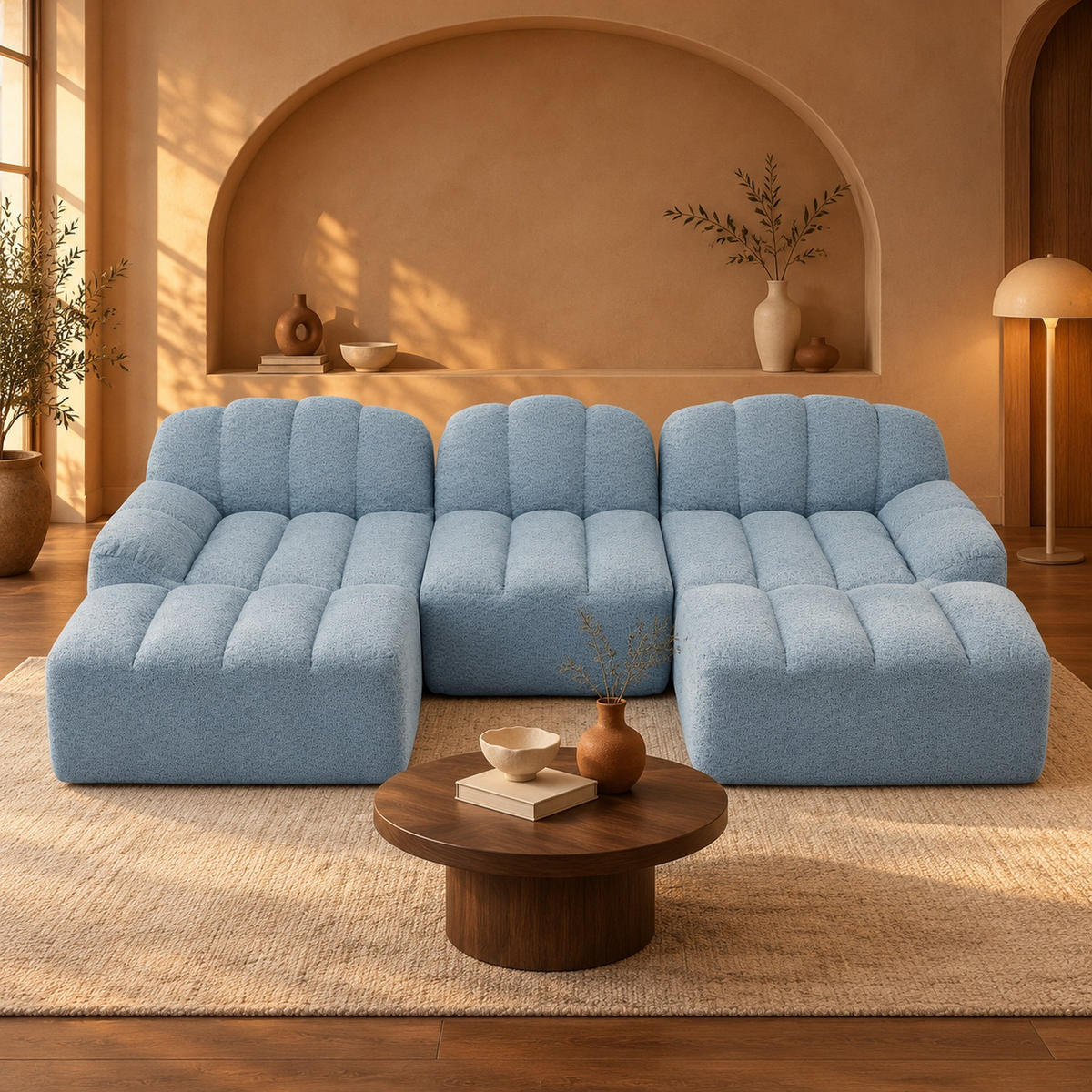 MODULARES Ecksofa mit 3 Sitzplätzen aus granuliertem Fleece in Blau 288x165x79 cm mit 2 Ottomanen - Blau, Textil (165/288cm) - IVMEU