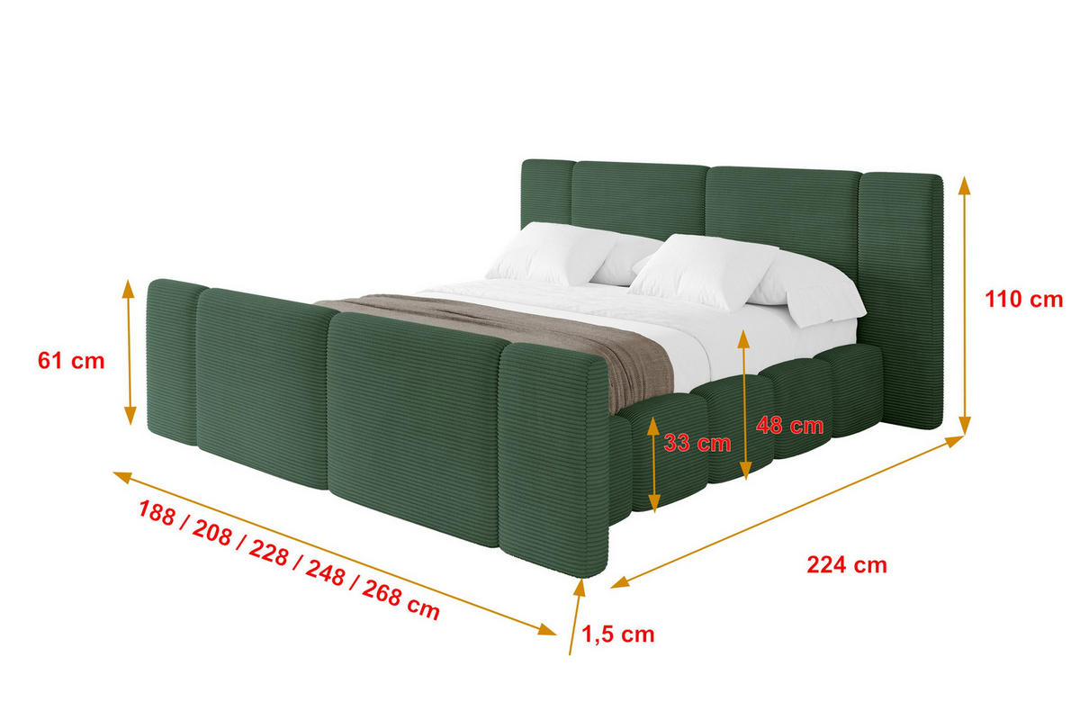 POLSTERBETT mit Bettkasten, Fußteil und Lattenrost, Bett mit Matratze H3/H4 - NILO-Z 180x200 Grün - Grün, Holzwerkstoff/Textil (180/200cm) - ALTDECOR